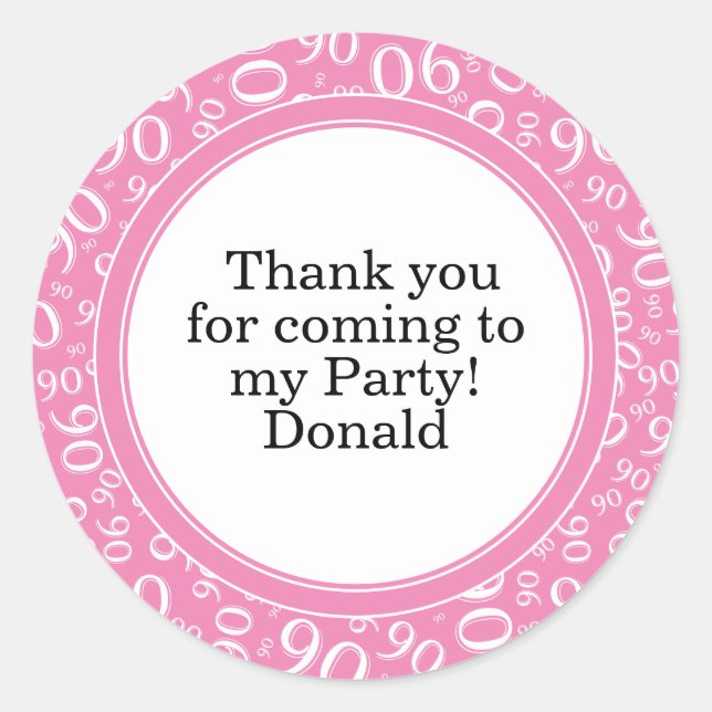  Your Text 90th Random Number Pattern Pink/White Classic Round Sticker (Front)