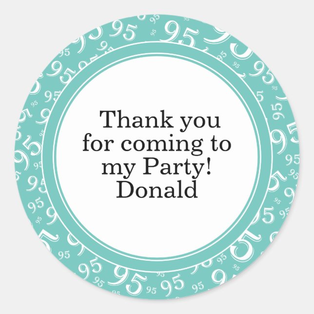  Your Text 95th Random Number Pattern Teal/White Classic Round Sticker (Front)
