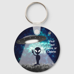Your Text Alien Peace Sign UFO Planet Blue Galaxy  Keychain