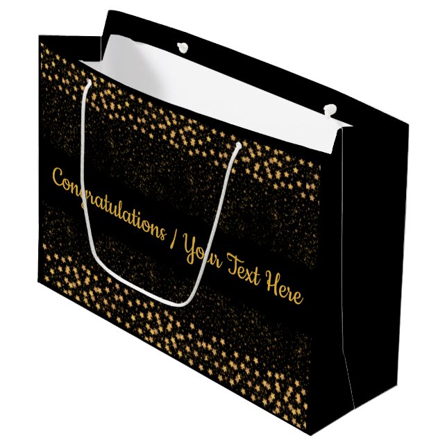Your Text Black/Gold Star Lights Sparkle Congrats Large Gift Bag (Front Angled)