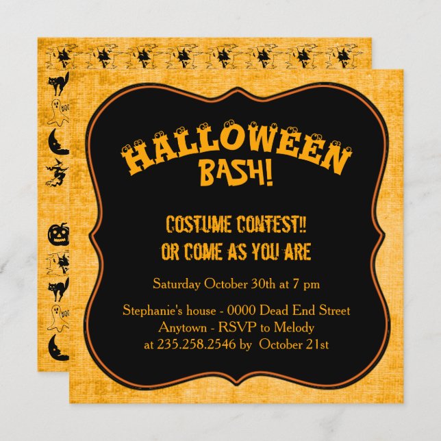 Your Text: Black/Orange Halloween Iconic Pattern Invitation (Front/Back)