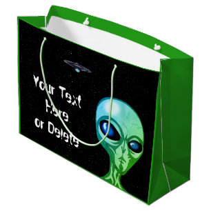 Your Text & Colour Cool Green Alien Silver UFO Large Gift Bag