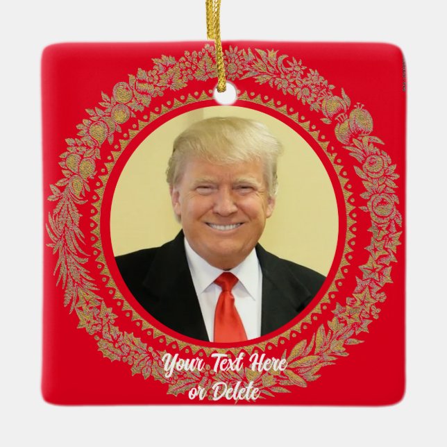 Your Text/Colour Donald Trump Christmas Wreath Red Ceramic Ornament (Front)