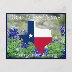 Your Text/Colour God Bless Texas Flag & Bluebonnet Postcard