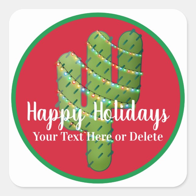 Your Text/Colour Southwest Cactus Christmas Lights Square Sticker (Front)