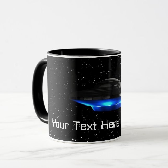 Your Text Cool Blue Alien Flying Saucer Space UFO Mug (Front Left)