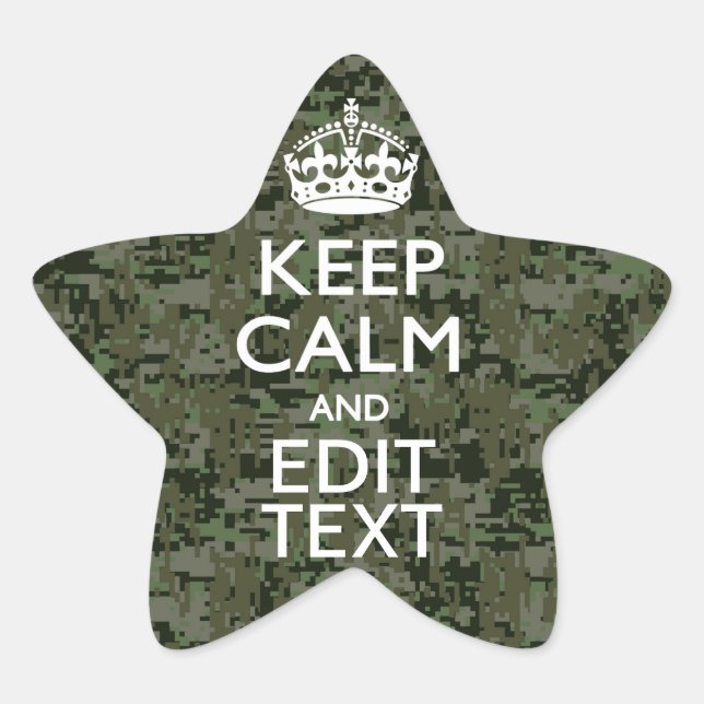 Your Text Digital Camouflage Olive Green Keep Calm Star Sticker (Front)
