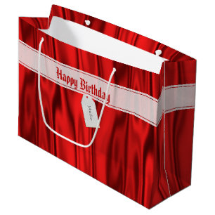 Your Text   Elegant Happy Birthday Red Satin Large Gift Bag