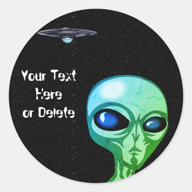 Your Text & Font Cool Green Alien Silver UFO Classic Round Sticker (Front)