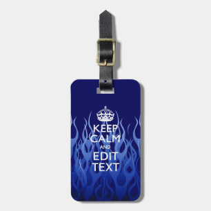 Your Text for Keep Calm on Blue Racing Flames Luggage Tag
