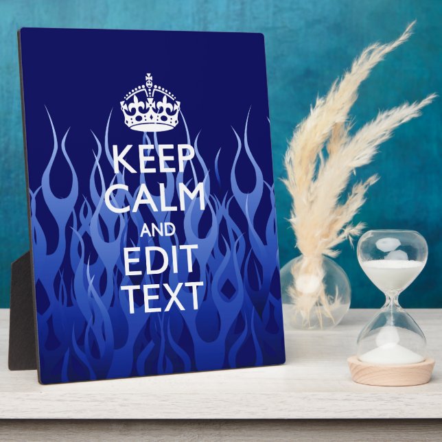 Your Text for Keep Calm on Blue Racing Flames Plaque (Side)