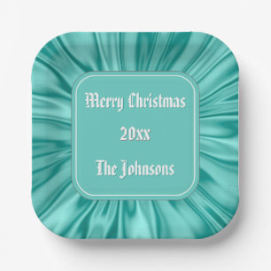 Your text: "Merry Christmas" Aqua Ruched Satin Paper Plate
