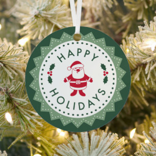 Your Text on Back, Retro Happy Holidays & Santa Metal Ornament