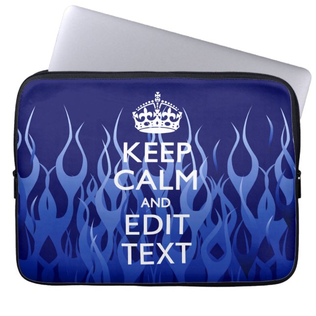 Your Text on Keep Calm on Blue Racing Flames Laptop Sleeve (Front)