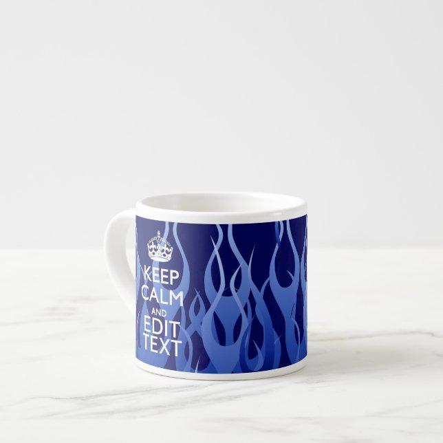 Your Text on Keep Calm on Navy Blue Racing Flames Espresso Cup (Front Left)