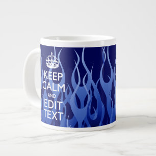 Your Text on Keep Calm on Navy Blue Racing Flames Large Coffee Mug