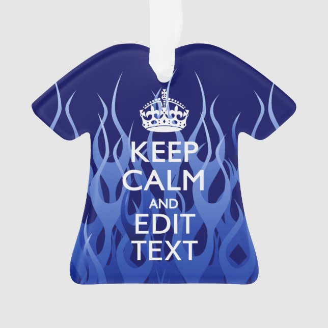 Your Text on Keep Calm on Navy Blue Racing Flames Ornament (Front)