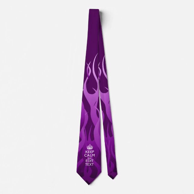 Your Text on Keep Calm on Purple Racing Flames Tie (Front)