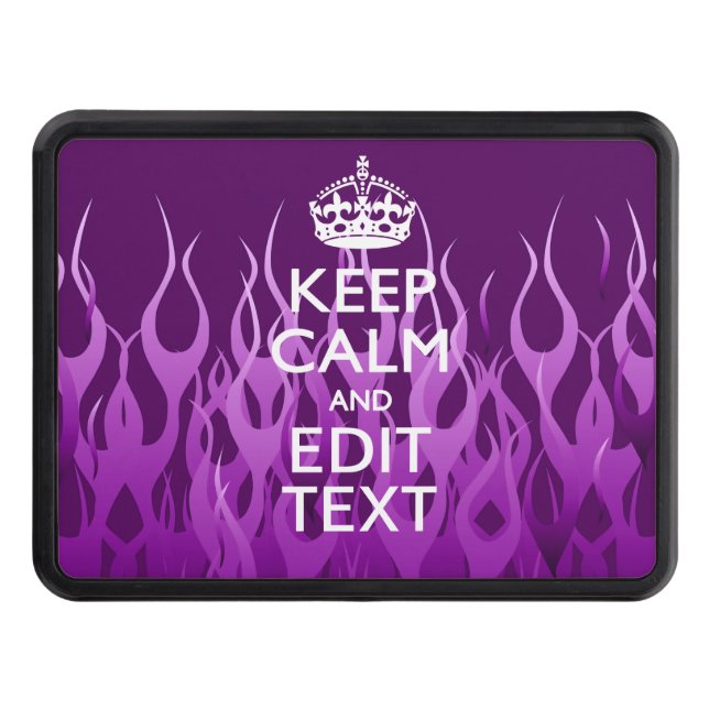 Your Text on Keep Calm on Purple Racing Flames Trailer Hitch Cover (Front)