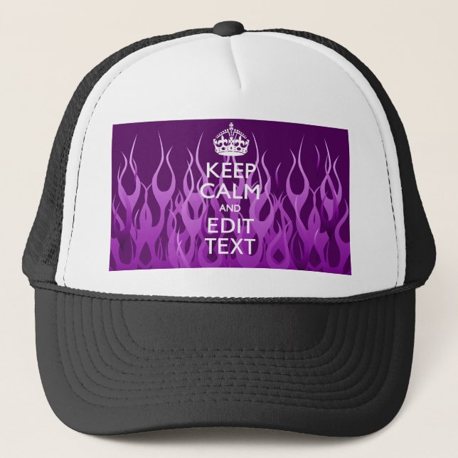 Your Text on Keep Calm on Purple Racing Flames Trucker Hat (Front)