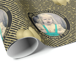 Your Text.Photo Black/Gold Simple Stripes Pattern Wrapping Paper