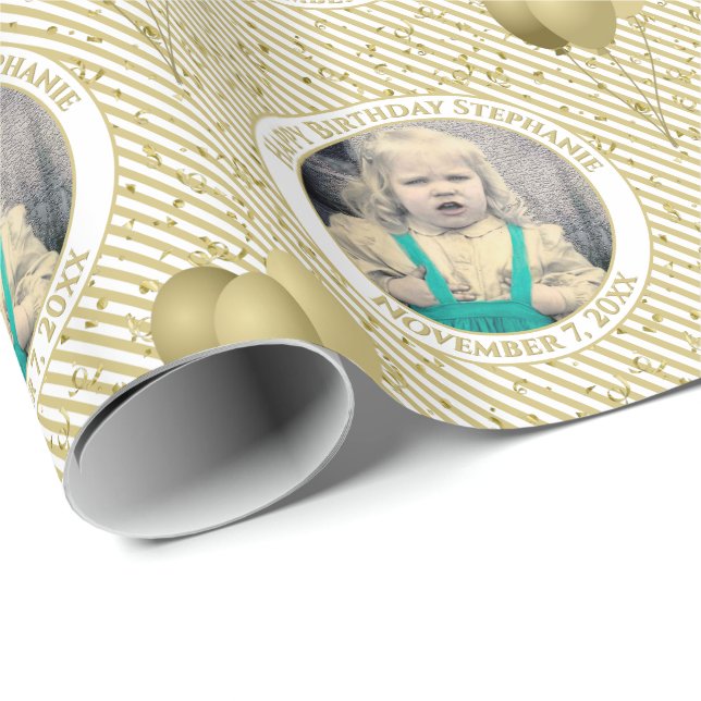 Your Text.Photo Gold/White Simple Stripes Pattern Wrapping Paper (Roll Corner)