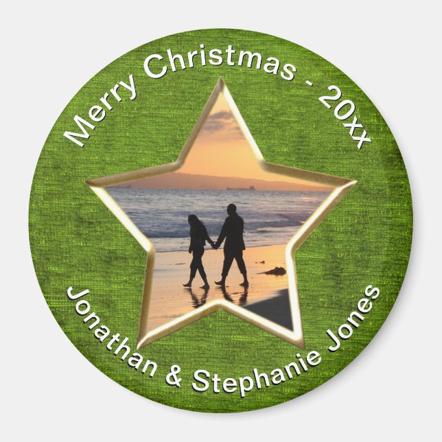  Your Text & Photo: Green Star-Shape Picture Frame Magnet (Front)