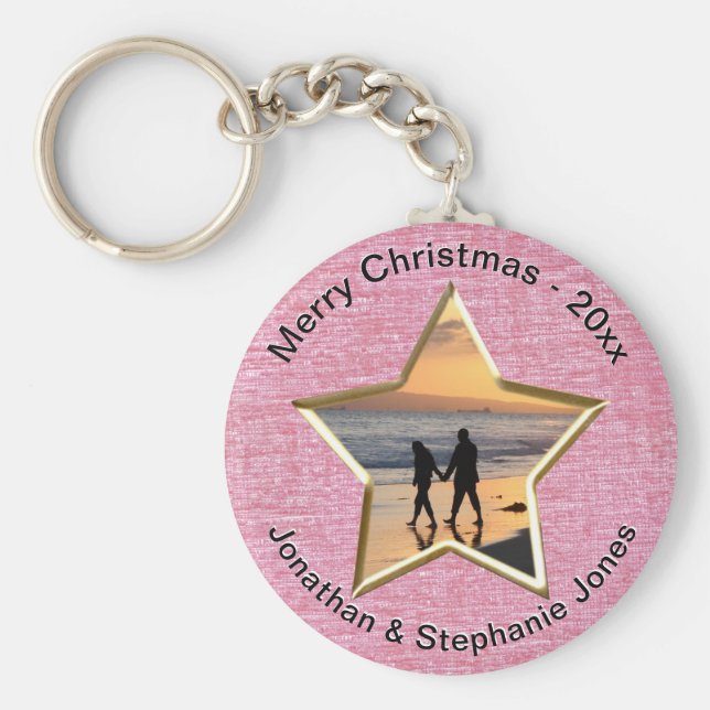  Your Text & Photo: Pink Star-Shape Picture Frame Keychain (Front)