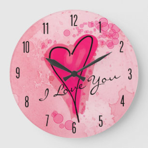 YOUR TEXT Pink Watercolor Heart Large Clock