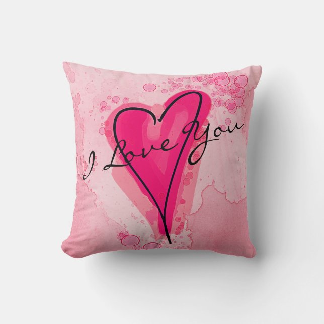 YOUR TEXT Pink Watercolor Heart Throw Pillow (Front)