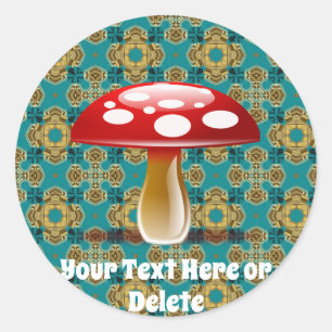Your Text Retro Teal Green & Red Amanita Mushroom Classic Round Sticker
