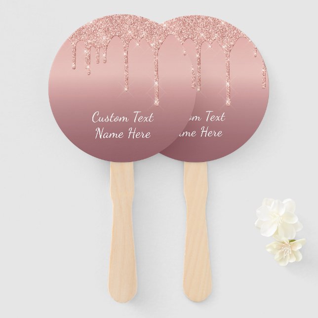 Your Text Rose Gold Blush Glitter Hand Fan (Front and Back)