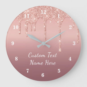 Your Text Rose Gold Blush Glitter Sparkle Drips  Large Clock