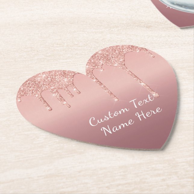 Your Text Rose Gold Blush Glitter Sparkle Drips Paper Coaster (Angled)