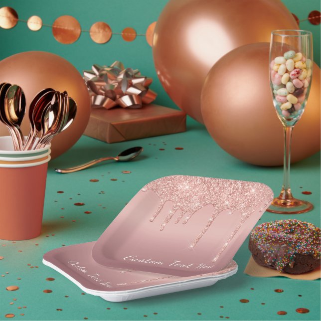 Your Text Rose Gold Blush Glitter Sparkle Drips Paper Plate (Multi)