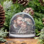 Your Text Simple Modern Script 2-Photo Snowglobe<br><div class="desc">Custom photo snow globe with fully editable text overlay, designed to showcase two personal photos—one on the front and one on the back—making it a perfect keepsake for weddings, anniversaries, engagements, or romantic celebrations. The elegant script text can be personalized to include names, dates, or a meaningful word or phrase,...</div>