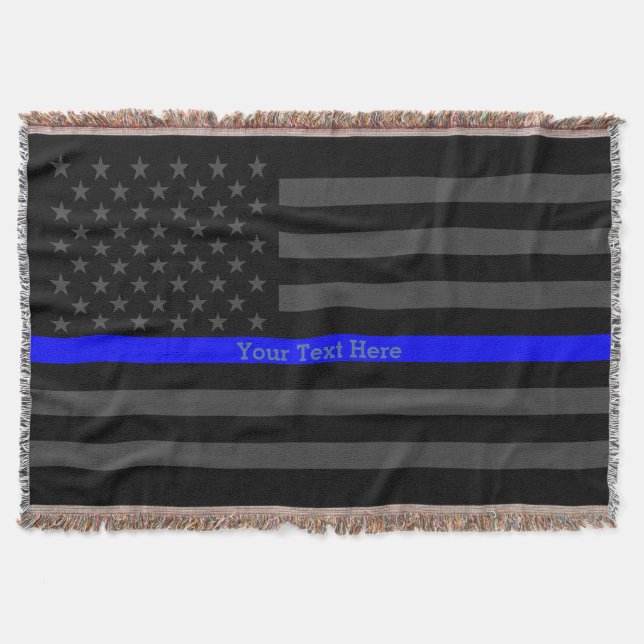 Your Text Thin Blue Line Charcoal Black US Flag Throw Blanket (Front)
