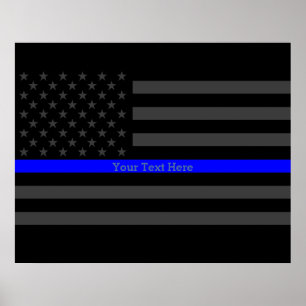 Your Text Thin Blue Line Stylish Charcoal US Flag Poster