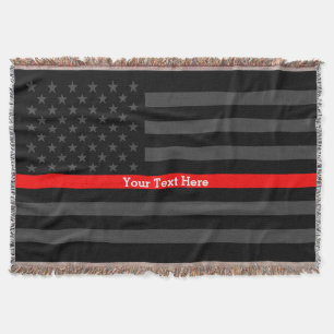 Your Text Thin Red Line Charcoal Black US Flag on Throw Blanket