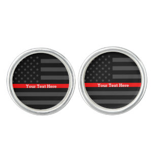 Your Text Thin Red Line Custom Grey US Flag Decor Cufflinks