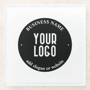 Your Text & Uploaded Logo   Editable Black & White Glass Coaster