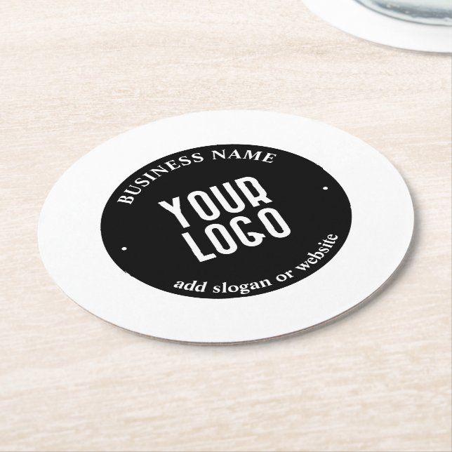 Your Text & Uploaded Logo | Editable Black & White Round Paper Coaster (Angled)