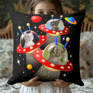 Your Three Cats Funny Sci-Fi UFO Space Alien Theme Throw Pillow