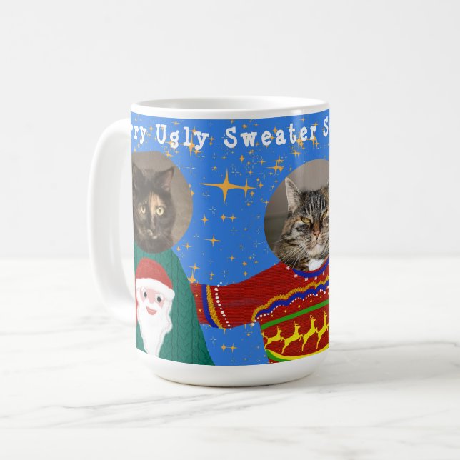 Your Three Cats Wear Ugly Christmas Sweaters Photo Coffee Mug (Front Left)