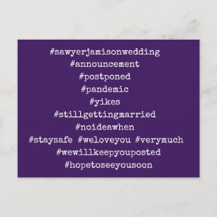 Your Top 12 Hashtags Postponed Wedding Purple Postcard