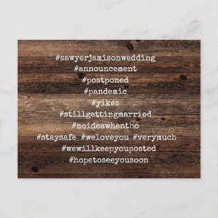 Your Top 12 Hashtags Rustic Wood Postponed Wedding Postcard