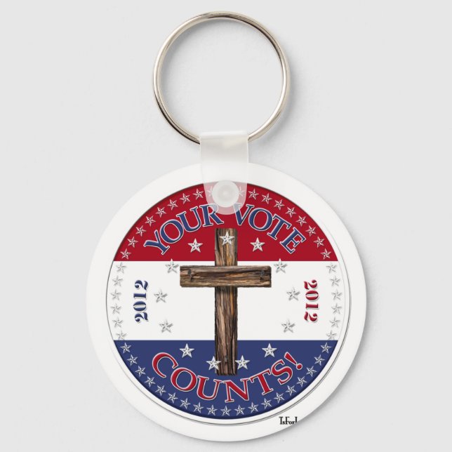 YOUR VOTE COUNTS! 2012 Round with rugged cross Keychain (Front)