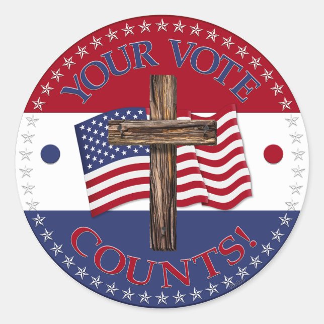 Your Vote Counts with Cross and USA Flag Classic Round Sticker (Front)