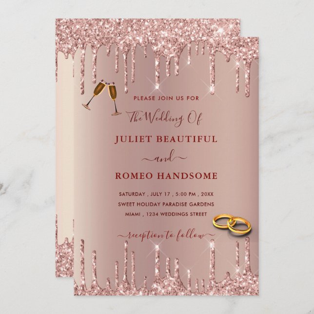 Your Wedding Invitation Rose Gold Glitter Drips (Front/Back)