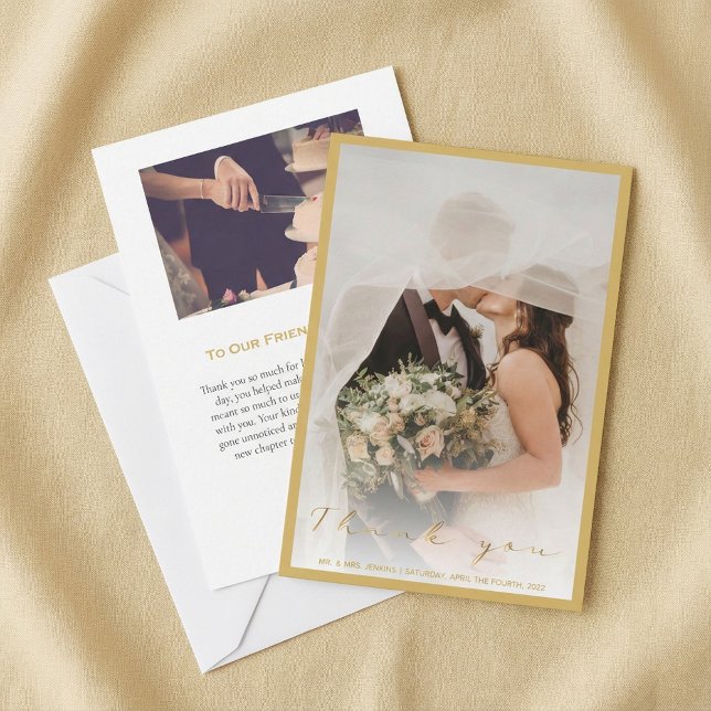 Your wedding photo, gold script and border  thank  you card (Creator Uploaded)